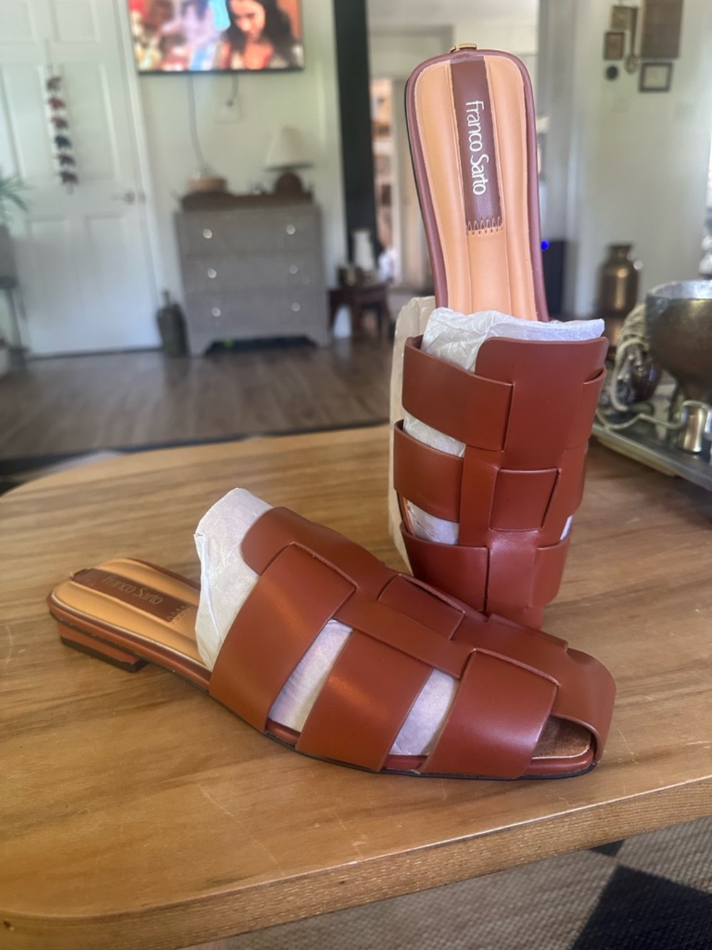 Franco Sarto Brown Woven Leather Slide Mules. Size 9.5 New , never worn gorgeous